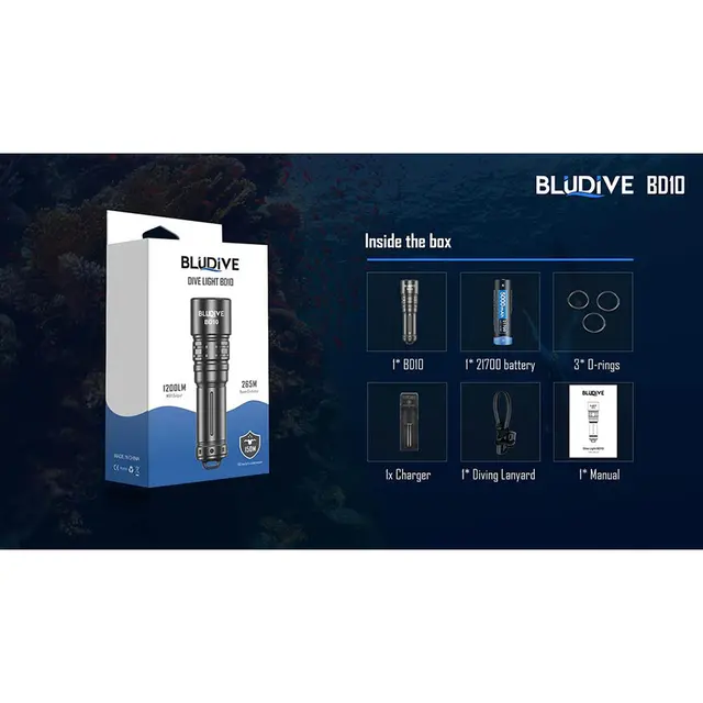 BluDive BD10 lommelykt, Vanntett 1200 Lumen, 265 meter kastelengde 