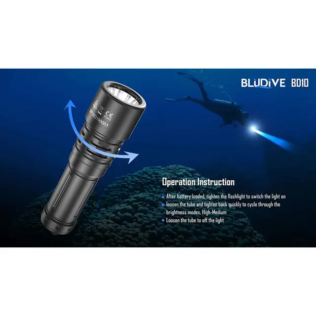 BluDive BD10 lommelykt, Vanntett 1200 Lumen, 265 meter kastelengde 