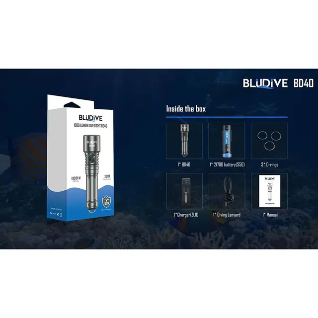 BluDive BD40 lommelykt, Vanntett 1800 Lumen, 351 meter kastelengde 