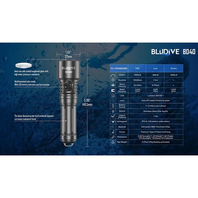 BluDive BD40 lommelykt, Vanntett 1800 Lumen, 351 meter kastelengde 