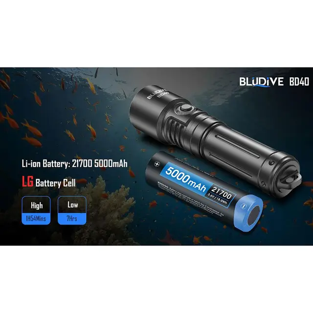 BluDive BD40 lommelykt, Vanntett 1800 Lumen, 351 meter kastelengde 