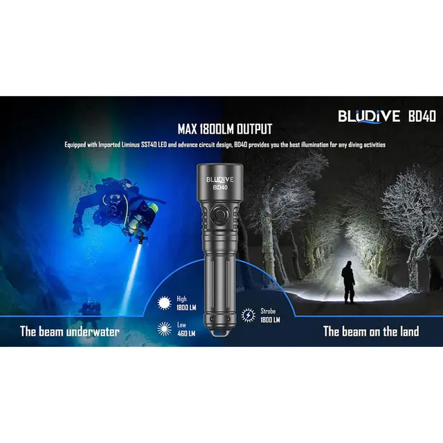 BluDive BD40 lommelykt, Vanntett 1800 Lumen, 351 meter kastelengde 
