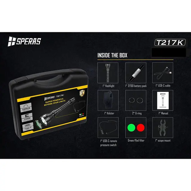 Speras T217 lommelykt i praktisk koffert 1400 Lumen, 1400 meter kastelengde 