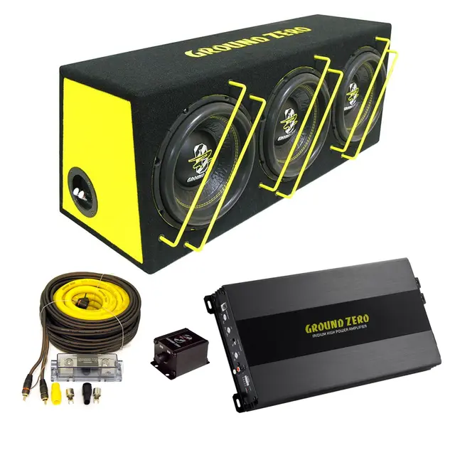 Ground Zero basspakke 3x10" sub i kasse, forsterker, kabelsett 
