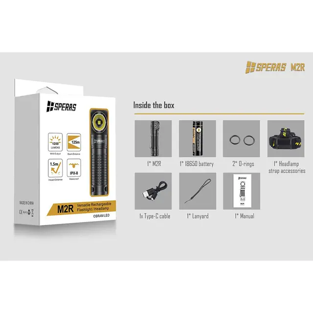 SPERAS M2R hodelykt/lommelykt 1200lm, 125 meter kastelengde 