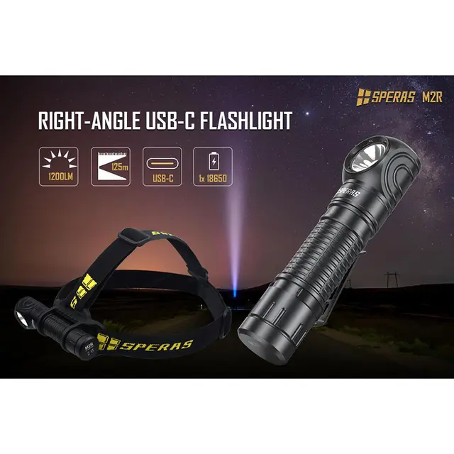 SPERAS M2R hodelykt/lommelykt 1200lm, 125 meter kastelengde 