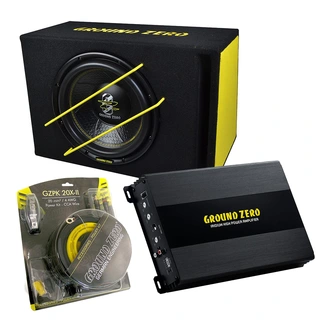 Ground Zero SPL basspakke 12" sub i kasse, forsterker, kabelsett