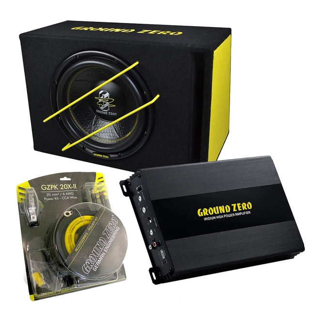 Ground Zero SPL basspakke 12" sub i kasse, forsterker, kabelsett 