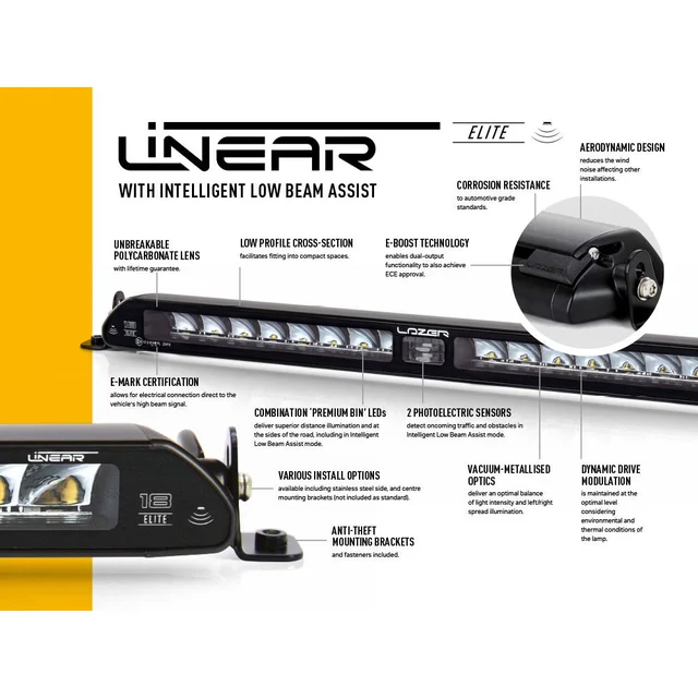 Lazer Linear 18 Elite m/Low Beam Assist LED, 18.000 Lumen, Kombo, 1043 meter 