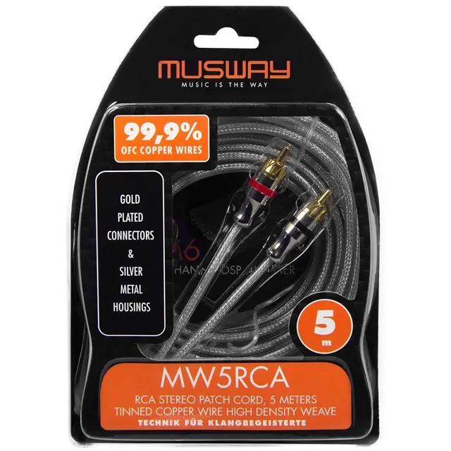 Musway RCA signalkabel, 5 meter 5 Meter. Dobbelskjermet. OFC 