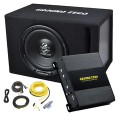 Ground Zero basspakke 8" sub i kasse, forsterker, kabelsett