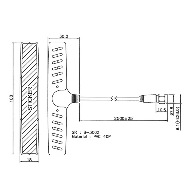 Glassantenne 690-2700MHz 690-2700MHz, 2,5meter kabel, SMA 