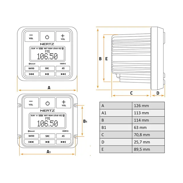 Hertz HMR 15 D DAB+ marineradio Vanntett, DAB+, BT, USB, AUX 