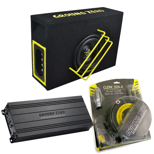 Ground Zero 24V basspakke 6,5" 6,5" sub i kasse, forsterker, kabelsett 