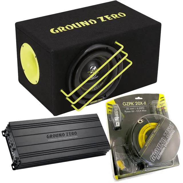 Ground Zero 24V basspakke 8" 8" sub i kasse, forsterker, kabelsett 