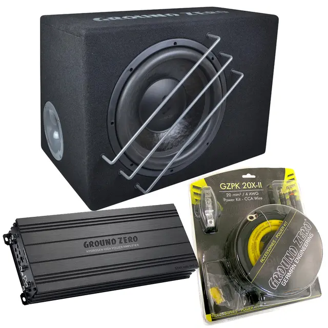 Ground Zero 24V basspakke 12" 12" sub i kasse, forsterker, kabelsett 
