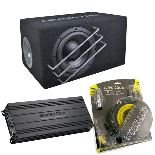 Ground Zero 24V basspakke 8" 8" sub i kasse, forsterker, kabelsett 