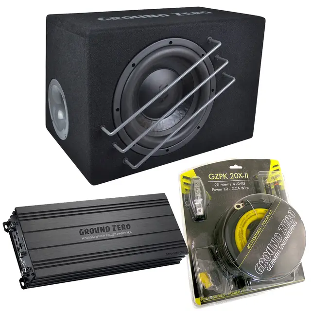 Ground Zero 24V basspakke 10" 10" sub i kasse, forsterker, kabelsett 