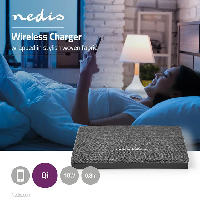 Nedis trådløs mobillader med stofftrekk QI, støtter hurtiglading 