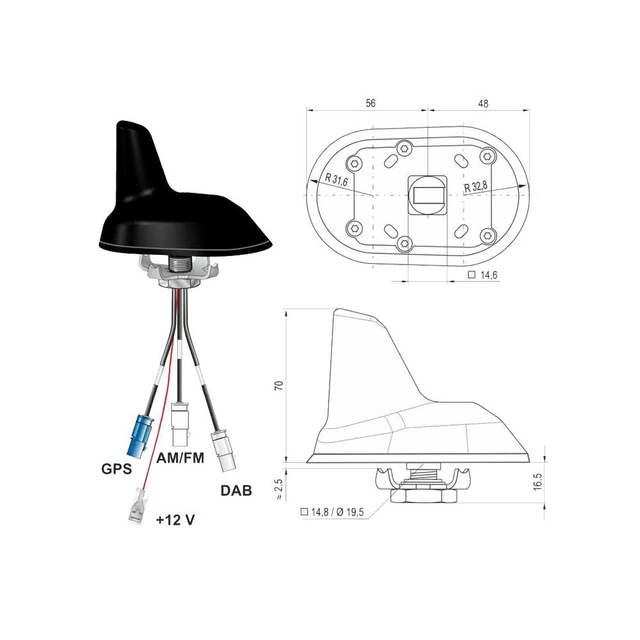 Takantenne DAB+ / FM / GPS Haifinne. Uten kabler 