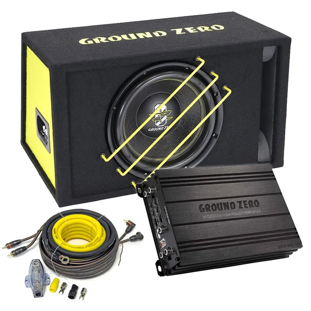 Ground Zero basspakke 12" sub i kasse, forsterker, kabelsett 
