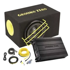 Ground Zero basspakke 8" sub i kasse, forsterker, kabelsett
