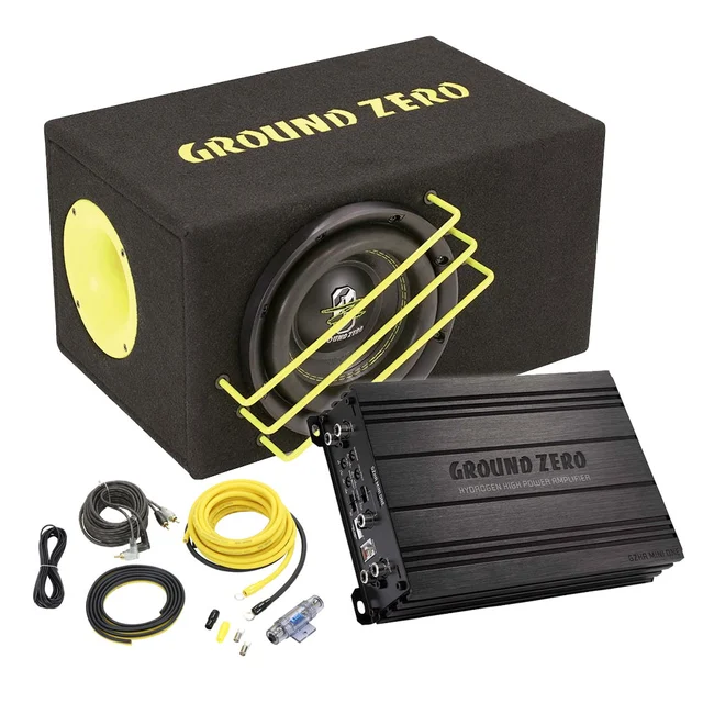 Ground Zero basspakke 8" sub i kasse, forsterker, kabelsett 