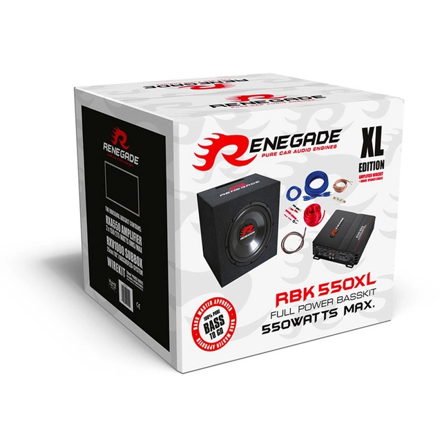 Renegade RBK-550XL basspakke 10" sub i kasse, forsterker, kabelsett 