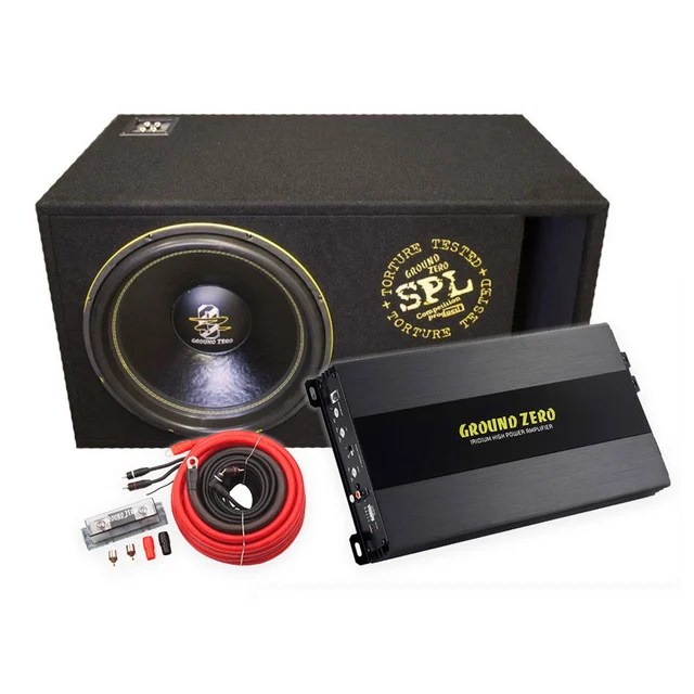 Ground Zero basspakke 15", basskasse, forsterker, kabelsett 