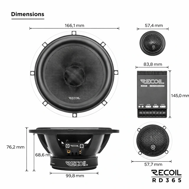 Recoil RD365 3-veis komponentsett 6,5", 80W RMS, 160W Maks, ECHO PRO-Serie 